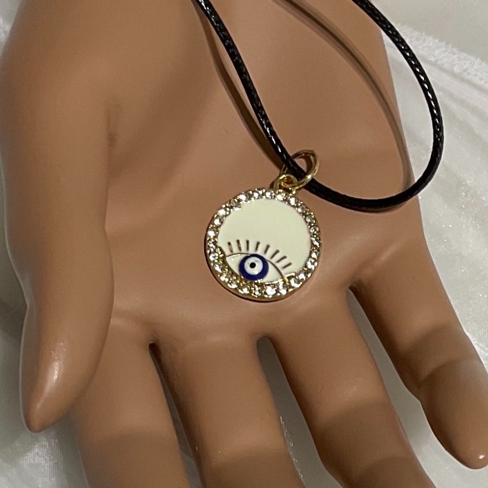 evil eye golden necklace ivory enamel pendant leather cord adjustable rhinestone